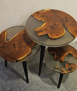 Nesting Table Set of 3 – Teak Wood with Tinted Gray Resin Finish-Gloss