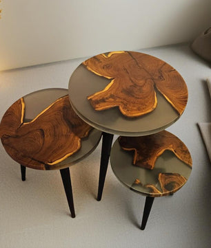 Nesting Table Set of 3 – Teak Wood with Tinted Gray Resin Finish-Gloss