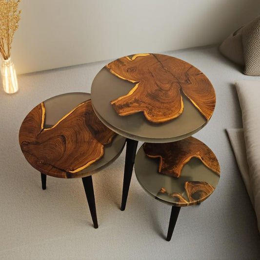 Nesting Table Set of 3 – Teak Wood with Tinted Gray Resin Finish-Gloss
