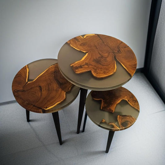 Nesting Table Set of 3 – Teak Wood with Tinted Gray Resin Finish-Gloss