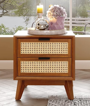 Solid Wood Rattan Nightstand Fully Assembled-Side Table