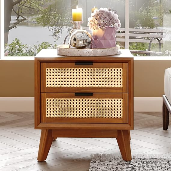Solid Wood Rattan Nightstand Fully Assembled-Side Table