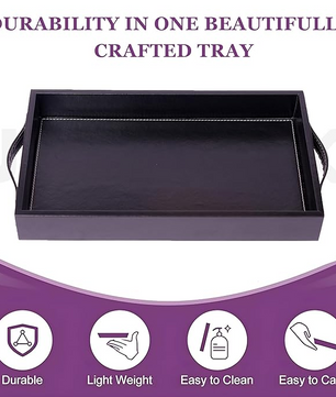 Vegan Leather Rectangular Serving Tray with Handles-Black