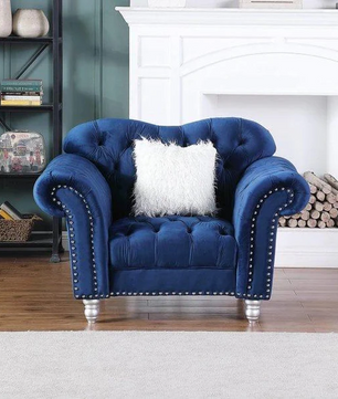 Velvet Living Room Chair Luxury Chesterfield Tufted Camel Back Armchair, Blue
