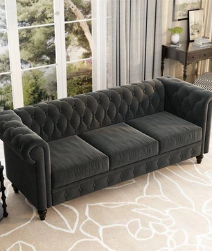 3 Seater Chesterfield Couch Furniture,Classic Velvet Upholstered Sofa with Deep Tufted Back and Scroll Arms