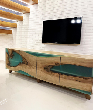 Modern Walnut Wood and Turquoise Epoxy Resin Cabinet