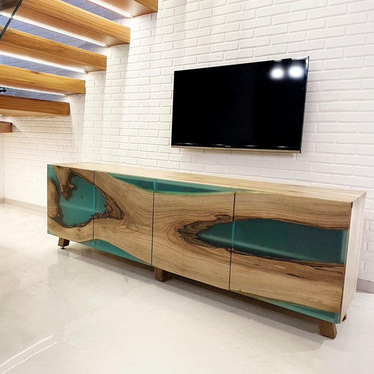 Modern Walnut Wood and Turquoise Epoxy Resin Cabinet