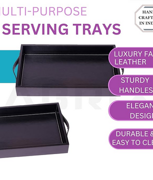 Vegan Leather Rectangular Serving Tray with Handles-Black