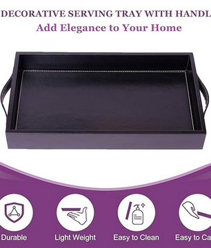 Vegan Leather Rectangular Serving Tray with Handles-Black