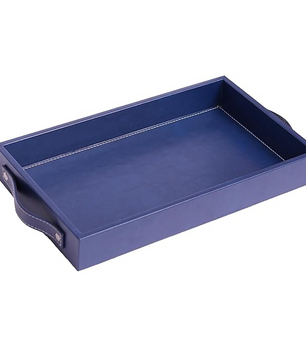 Vegan Leather Rectangular Serving Tray with Handles Blue