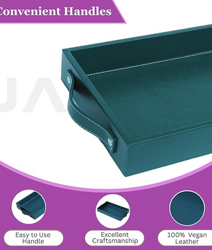 Vegan Leather Rectangular Serving Tray with Handles-Bottle Green
