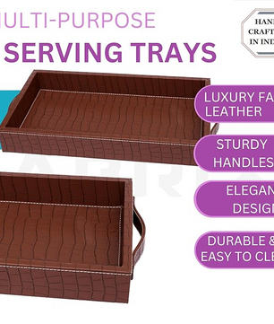 Vegan Leather Rectangular Serving Tray with Handles_Walnut Brown