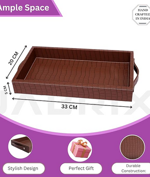Vegan Leather Rectangular Serving Tray with Handles_Walnut Brown
