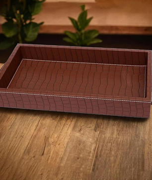 Vegan Leather Rectangular Serving Tray with Handles_Walnut Brown