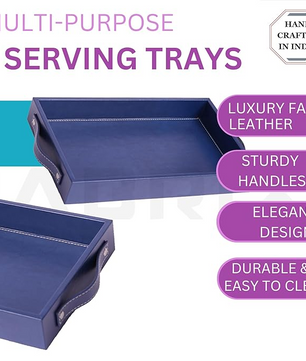 Vegan Leather Rectangular Serving Tray with Handles Blue