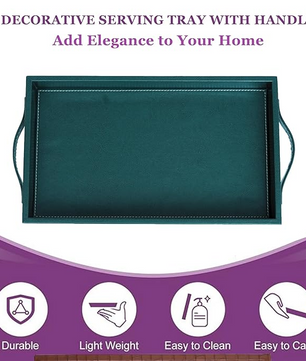 Vegan Leather Rectangular Serving Tray with Handles-Bottle Green