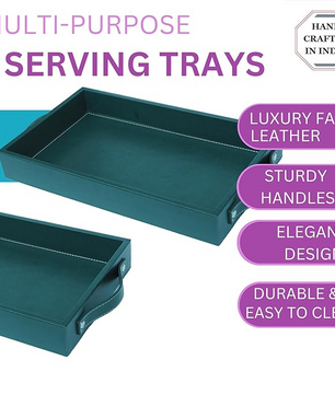 Vegan Leather Rectangular Serving Tray with Handles-Bottle Green