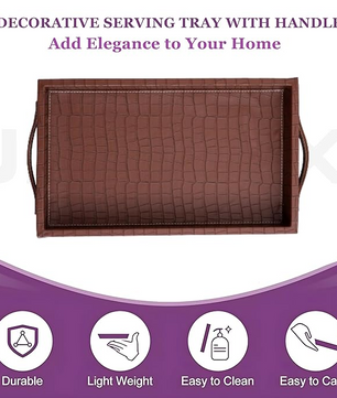 Vegan Leather Rectangular Serving Tray with Handles_Walnut Brown