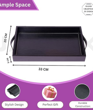 Vegan Leather Rectangular Serving Tray with Handles-Black