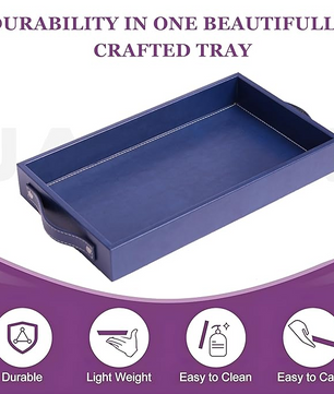 Vegan Leather Rectangular Serving Tray with Handles Blue