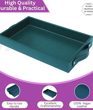Vegan Leather Rectangular Serving Tray with Handles-Bottle Green