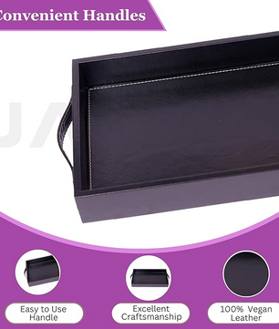 Vegan Leather Rectangular Serving Tray with Handles-Black