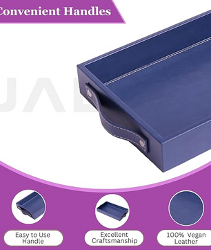 Vegan Leather Rectangular Serving Tray with Handles Blue