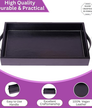 Vegan Leather Rectangular Serving Tray with Handles-Black