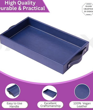 Vegan Leather Rectangular Serving Tray with Handles Blue