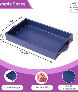 Vegan Leather Rectangular Serving Tray with Handles Blue