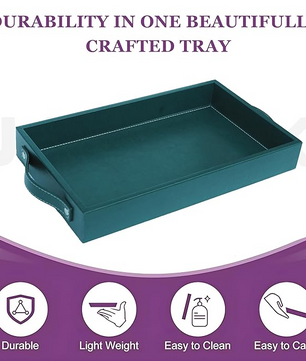 Vegan Leather Rectangular Serving Tray with Handles-Bottle Green