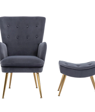 Tufted Long Back Premium Grey Lounge Chair with Ottoman
