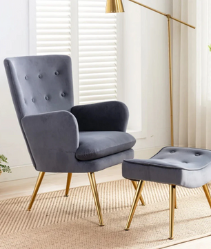Tufted Long Back Premium Grey Lounge Chair with Ottoman