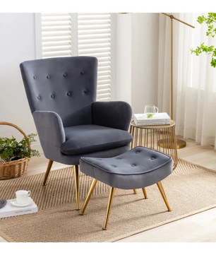 Tufted Long Back Premium Grey Lounge Chair with Ottoman